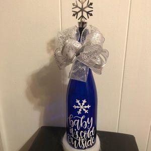 Handcrafted Custom Light-up Blue w/ White “Snow” Wine Bottle Lamp. A Great Gift!